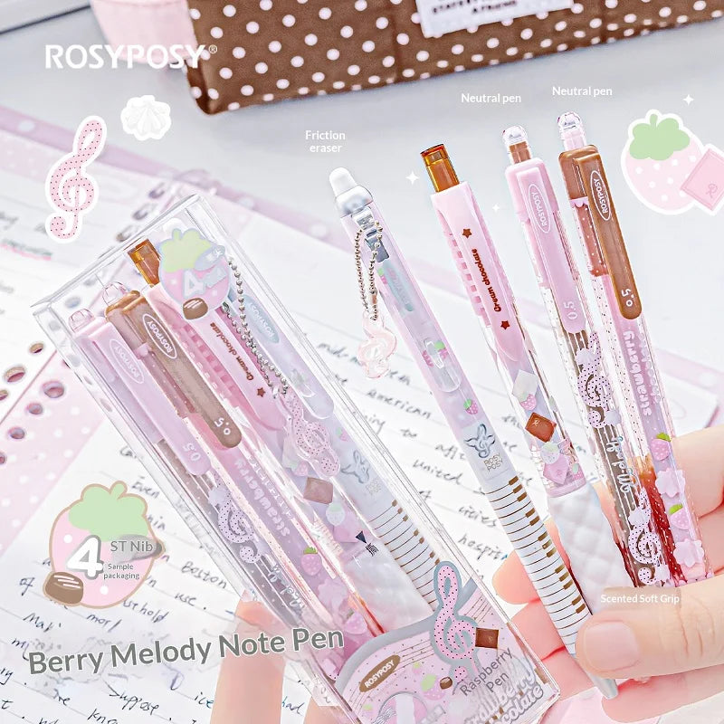 RosyPosy Berry Melody Note Pen Set 2 ST 0.5mm Gel Pens & 1 Erasable Pen & 1 Aromatic Soft Grip & 1 Free Pendant Value Stationery